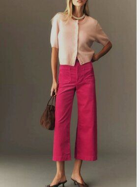 Anthropologie Maeve The Colette Corduroy Crop Wide-Leg Pants Hot Fushia 25 NWT